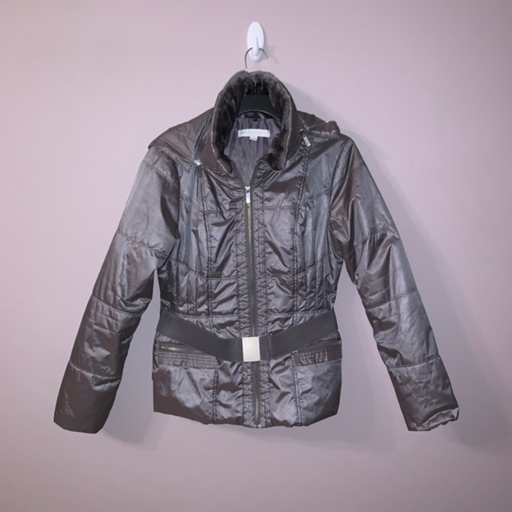 New York & Company Metallic Gray Puffer Jacket with Belt